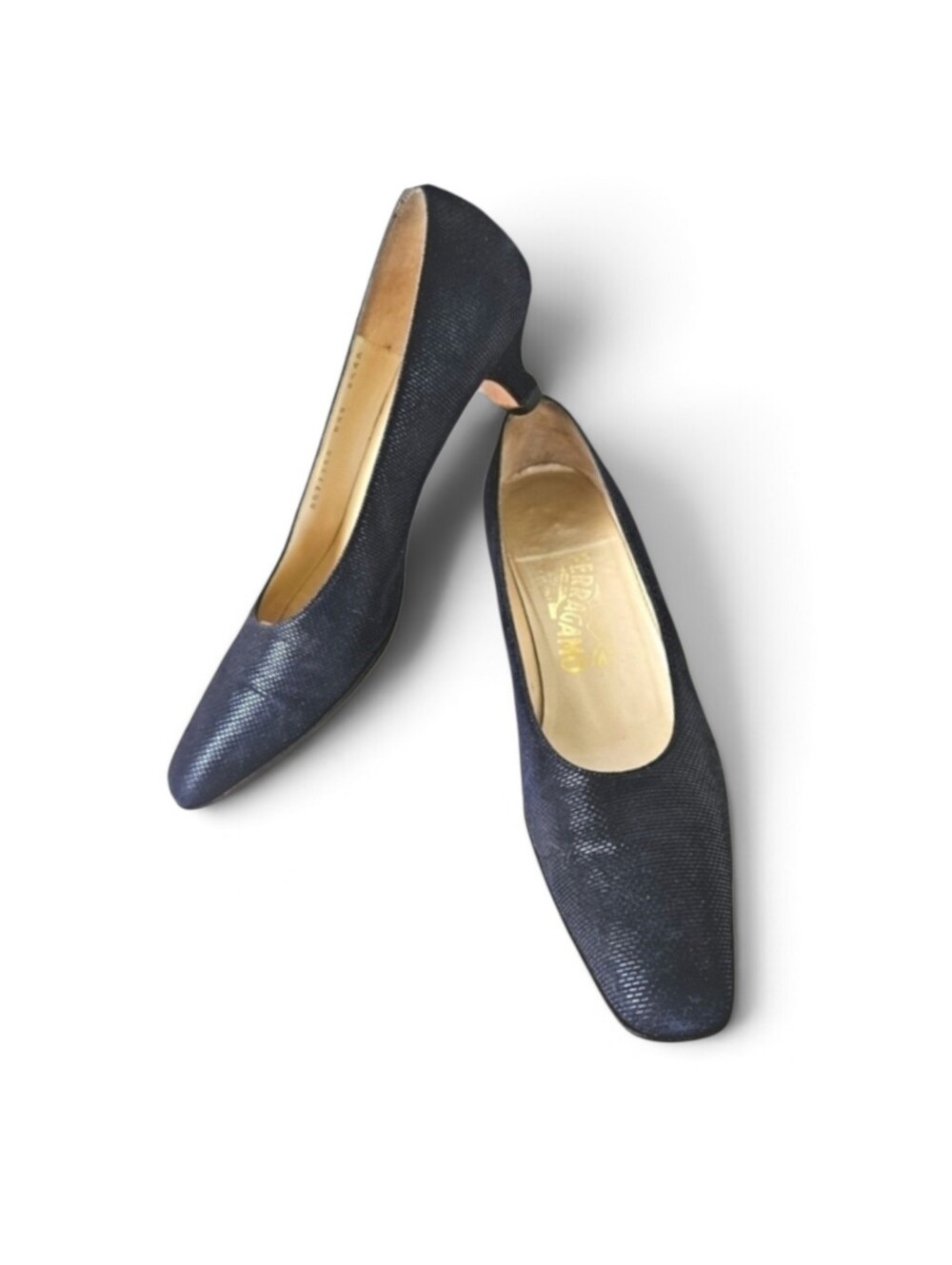 Salvatore Ferragamo Almond Toe Kitten Heels in Stripe Suede Midnight Blue Sz 8.5